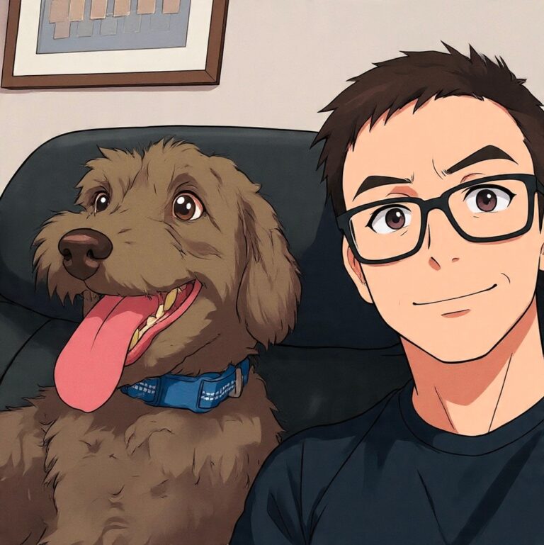 Illustrated portrait of Chris Vranish and his dog, Shirt Stack founder